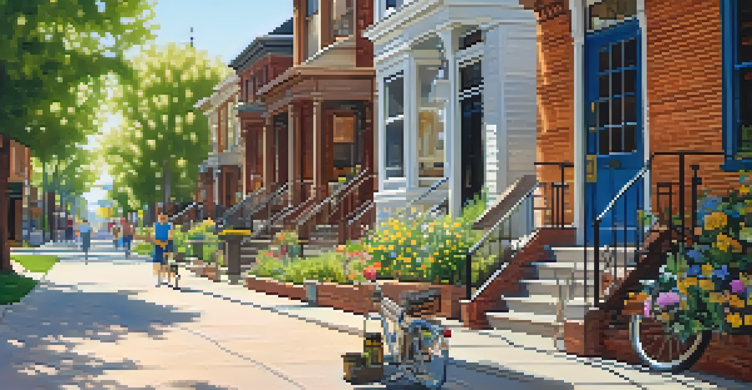 A picturesque street scene in Denver with historic brick houses, flower gardens, and a bicycle.