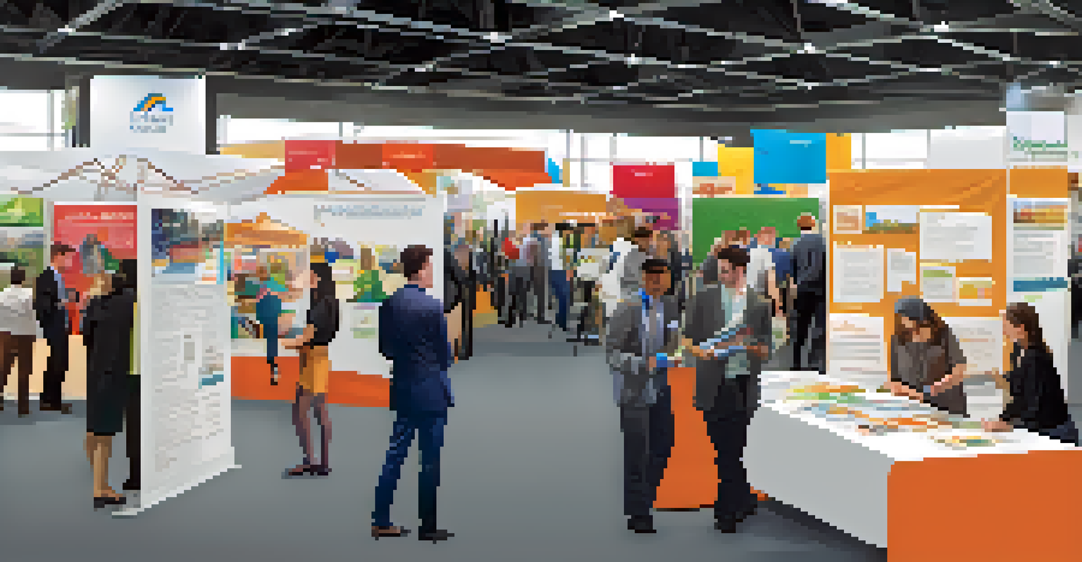 A career fair at a Denver university with students interacting with employers at colorful booths, creating a vibrant and energetic atmosphere.