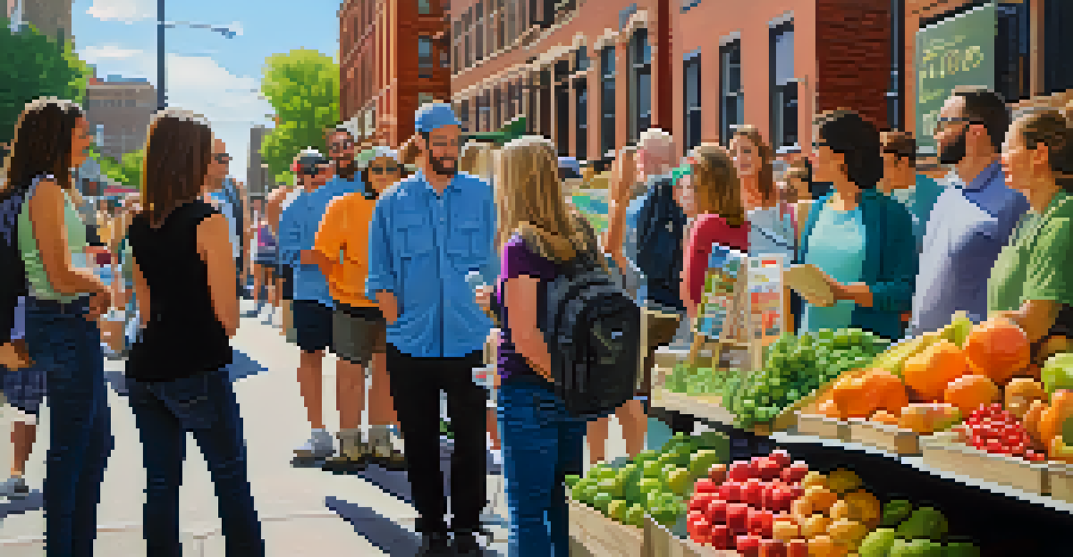 A nutritionist sharing tips with a group during a walking tour in Denver, surrounded by vibrant street art.