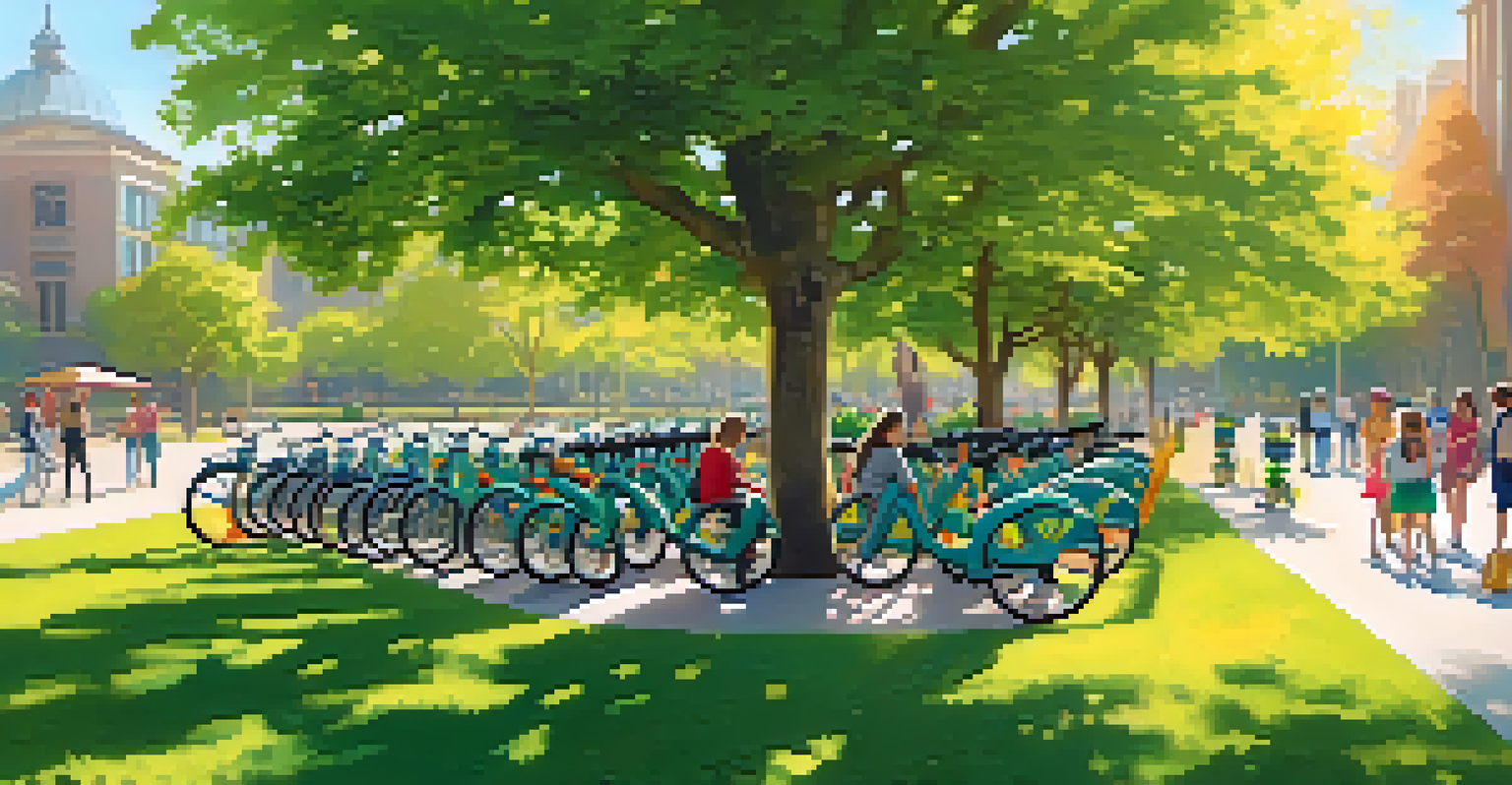 A bike-sharing station in a sunny park, featuring colorful bicycles and scooters with people using rental kiosks.