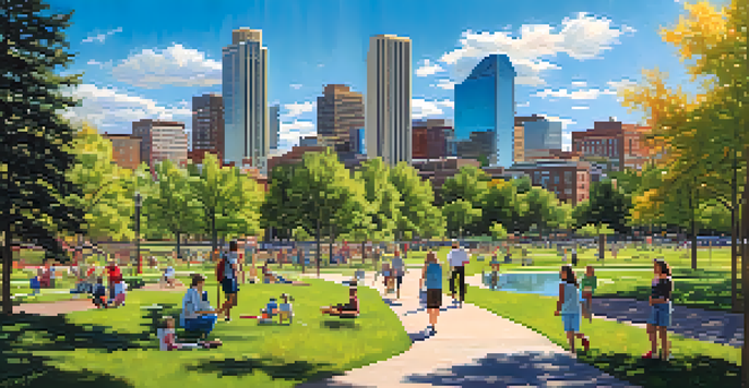 A lively park in Denver with lush greenery, colorful flowers, and families participating in outdoor activities, set against the city skyline and a clear blue sky.