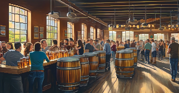 A lively brewery interior with people sampling colorful craft beers, large fermentation tanks, and warm ambient lighting.