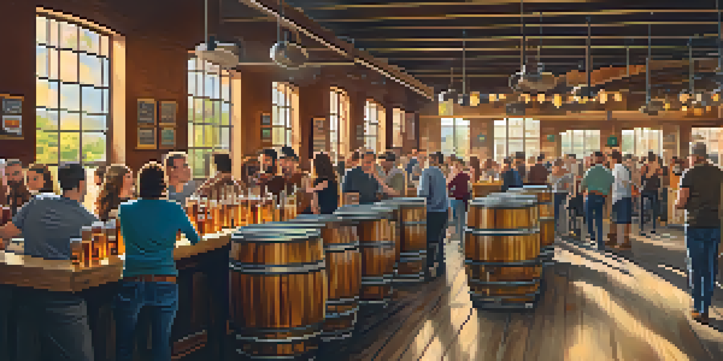 A lively brewery interior with people sampling colorful craft beers, large fermentation tanks, and warm ambient lighting.