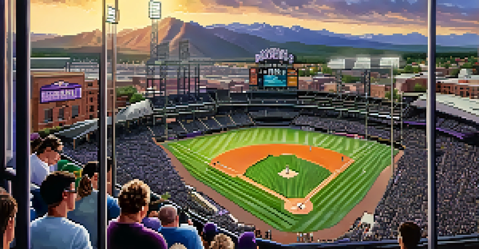 An aerial view of a baseball stadium filled with fans, with mountains and city in the background on a sunny day.