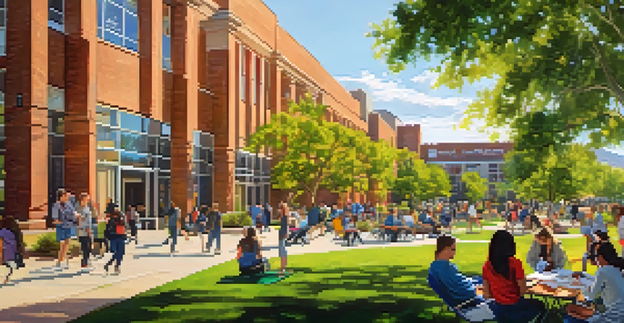 A lively community college campus in Denver with students of different backgrounds enjoying a sunny day, studying, and socializing.