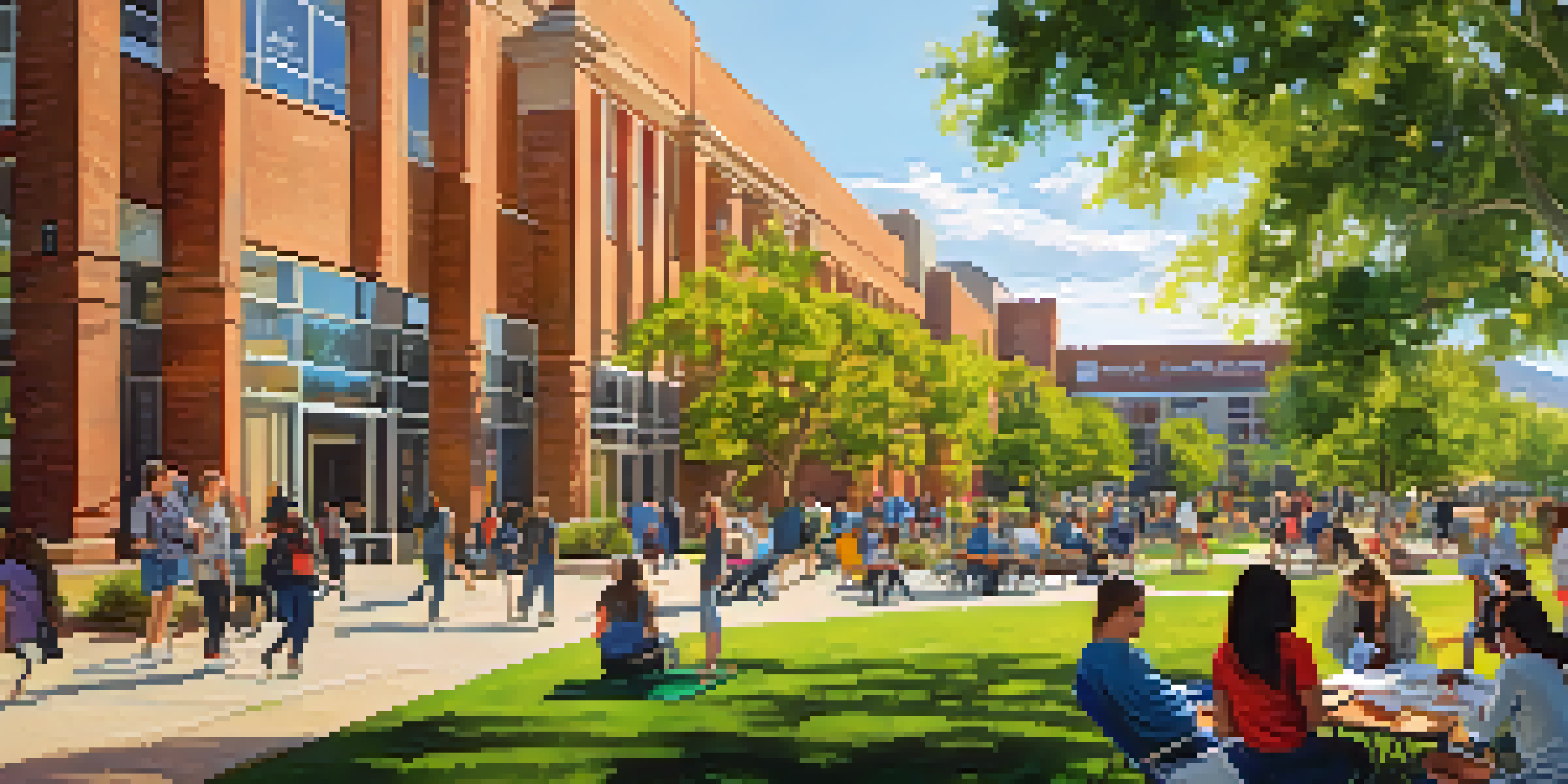 A lively community college campus in Denver with students of different backgrounds enjoying a sunny day, studying, and socializing.