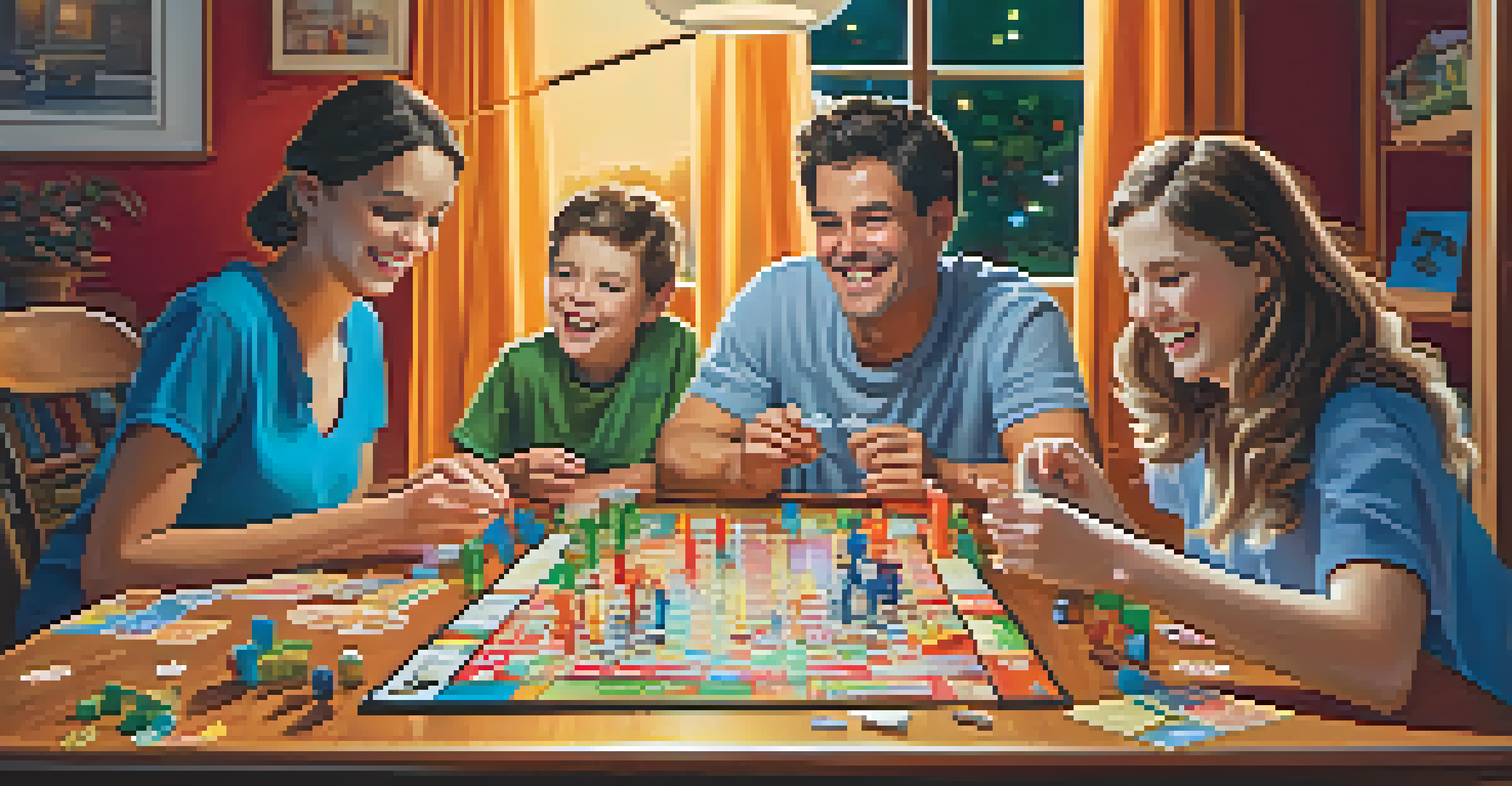 A family gathered around a table playing classic board games at home, with expressions of joy and excitement.