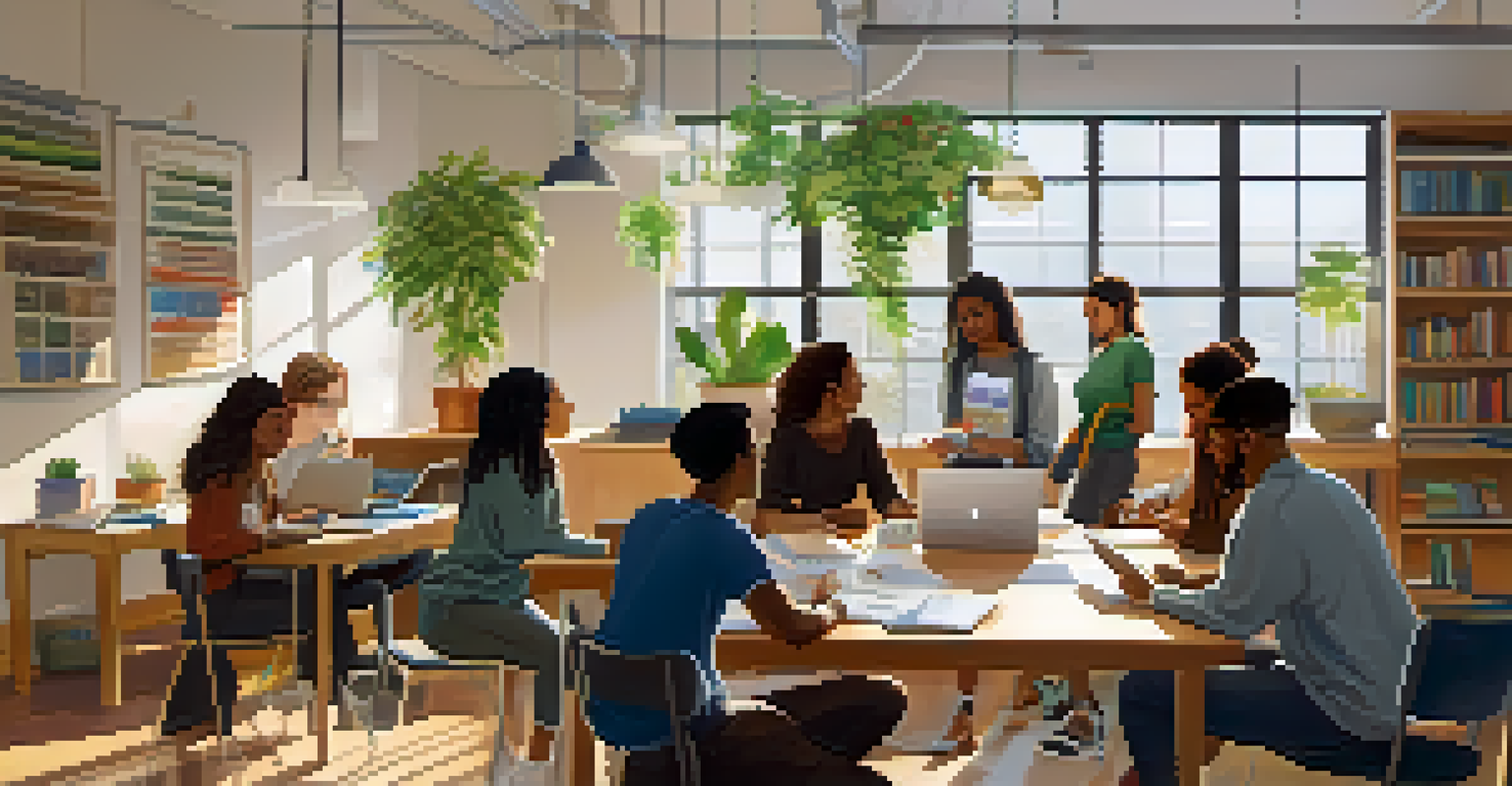 A diverse group of college students collaborating in a modern study room filled with natural light, engaged in a project discussion.