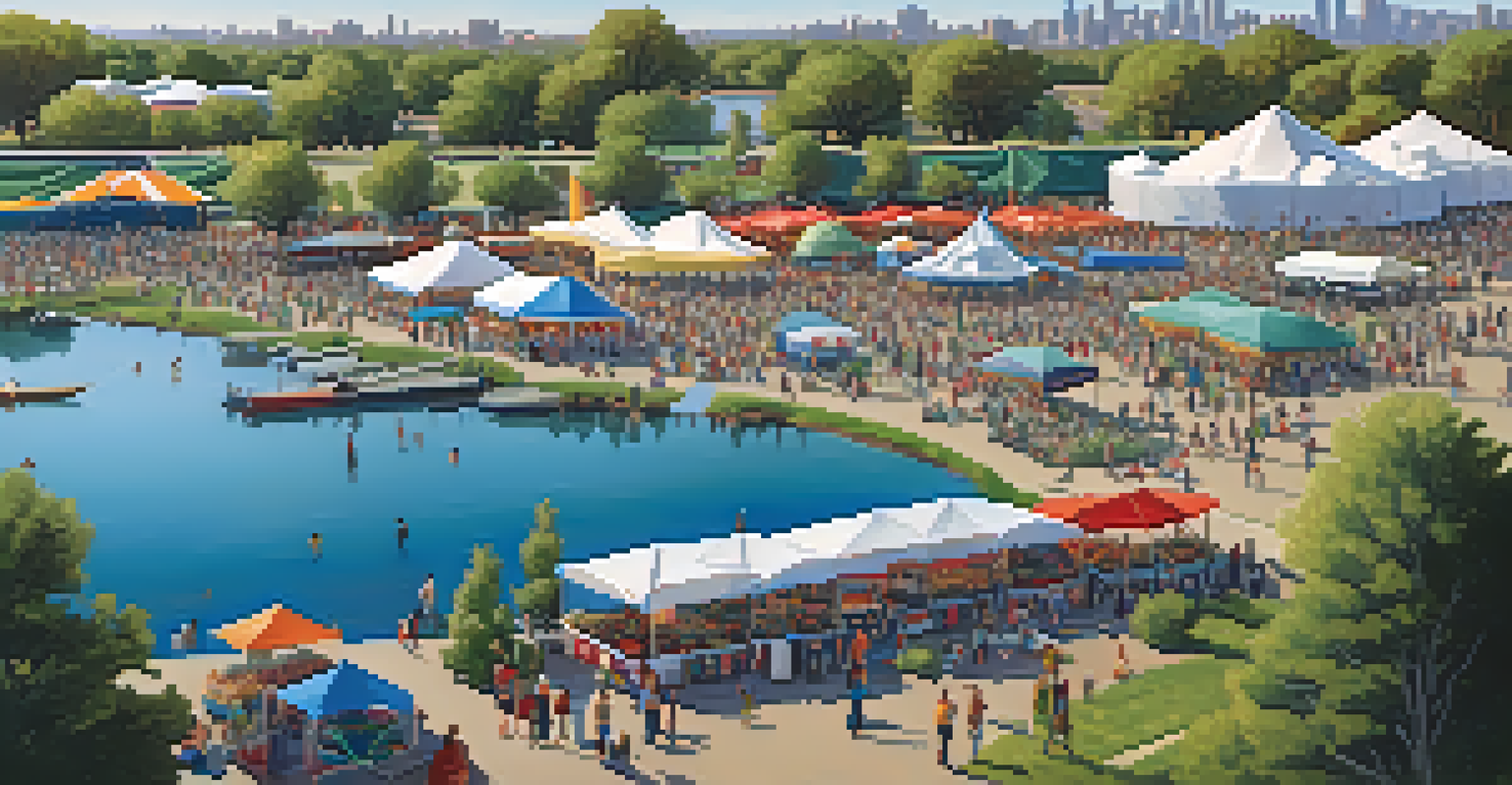 A vibrant farmers' market in Sloan's Lake Park, with people shopping and enjoying the atmosphere, framed by trees and the Denver skyline.