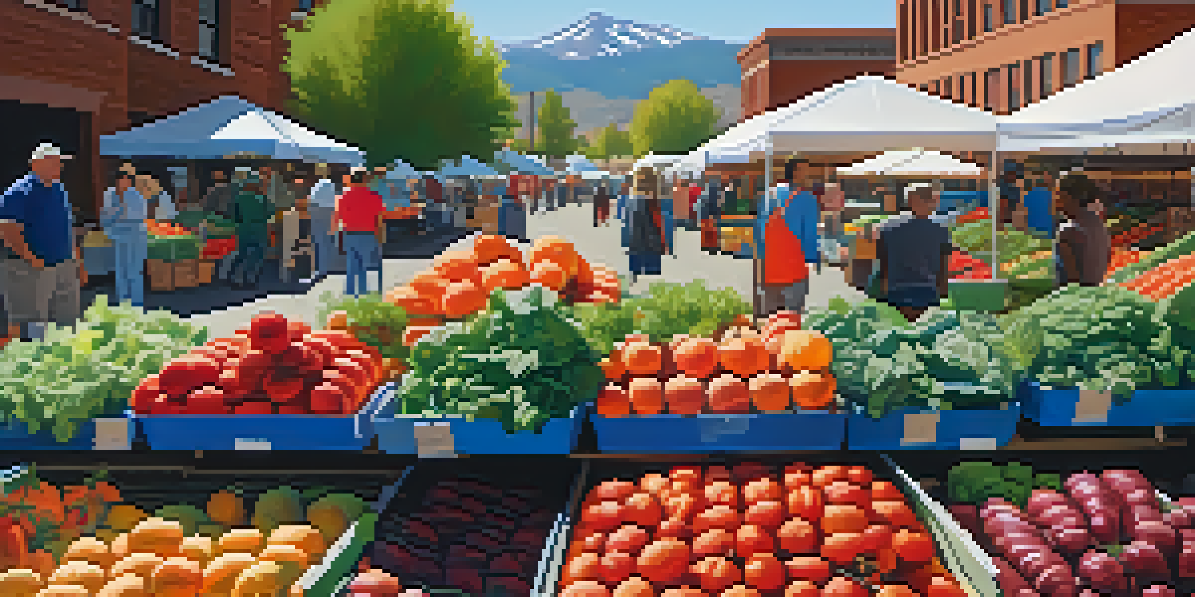 A vibrant farmers' market in Denver filled with fresh produce and artisanal goods under a sunny sky with mountains in the background.