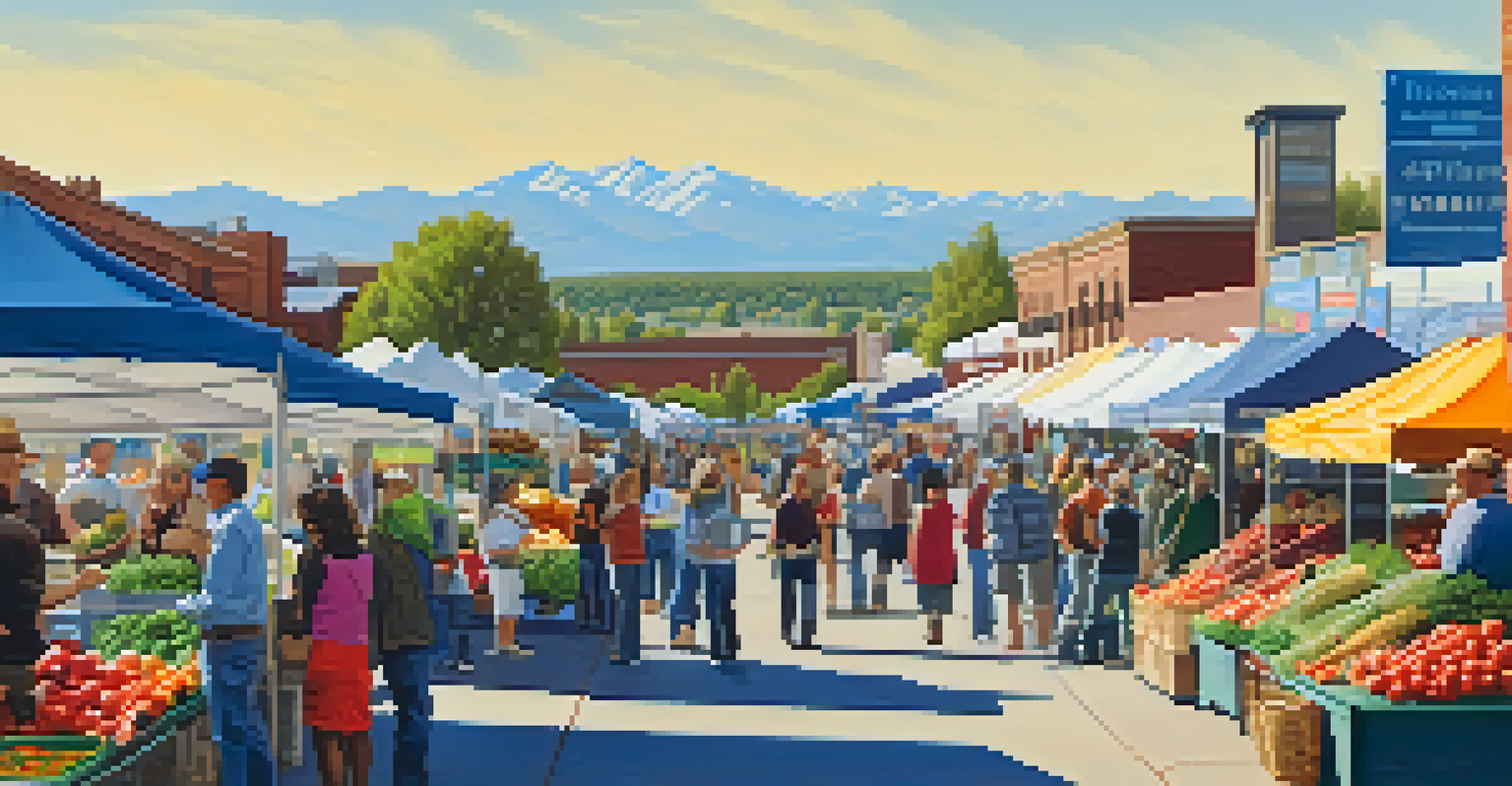 A vibrant farmers' market in Denver with fresh produce and shoppers enjoying the community atmosphere.
