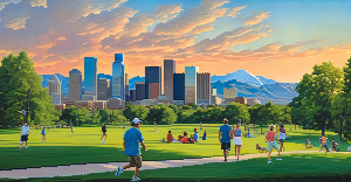 A view of Denver's skyline with mountains in the background, featuring a sunset and people in a park.