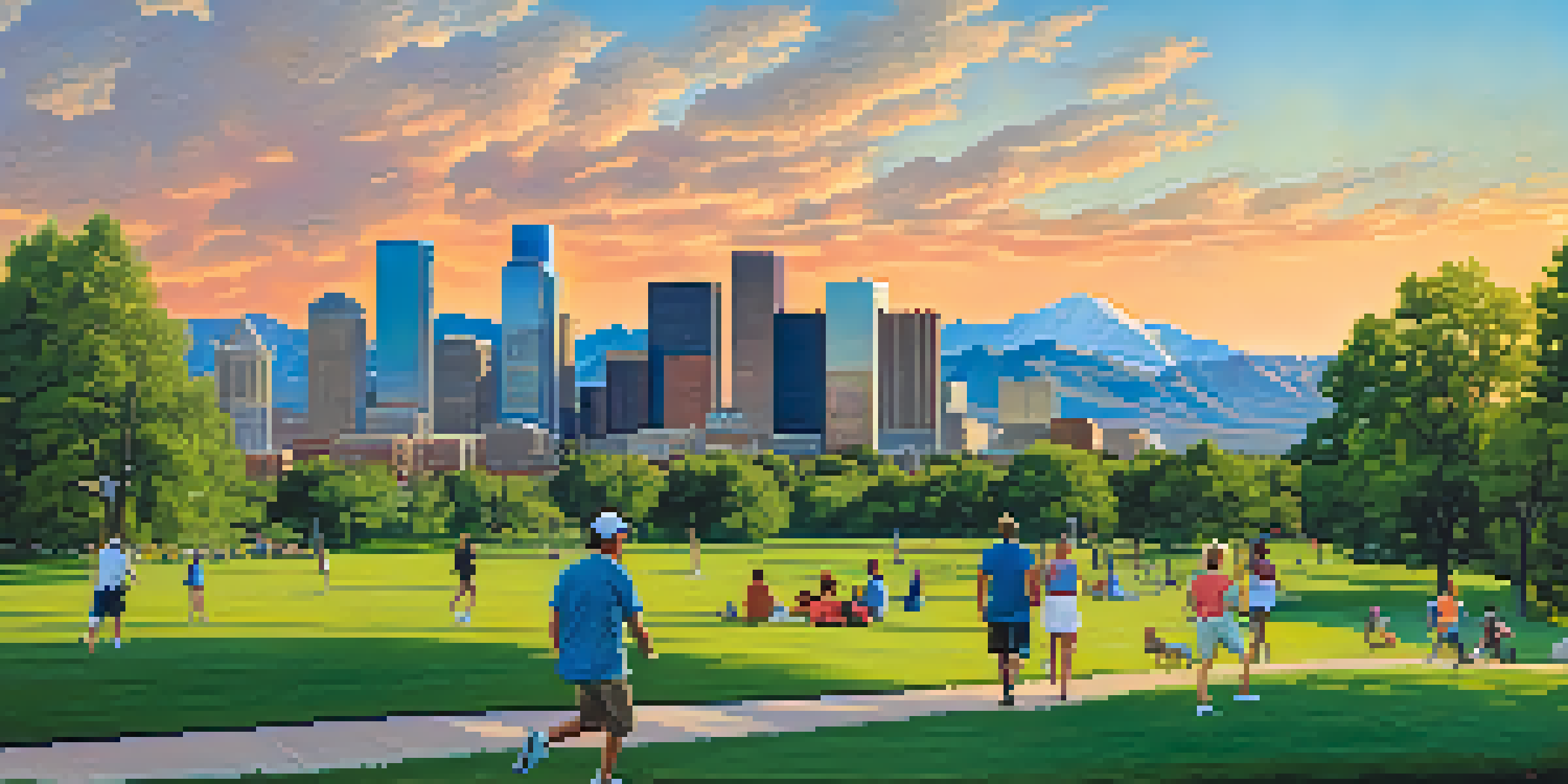 A view of Denver's skyline with mountains in the background, featuring a sunset and people in a park.