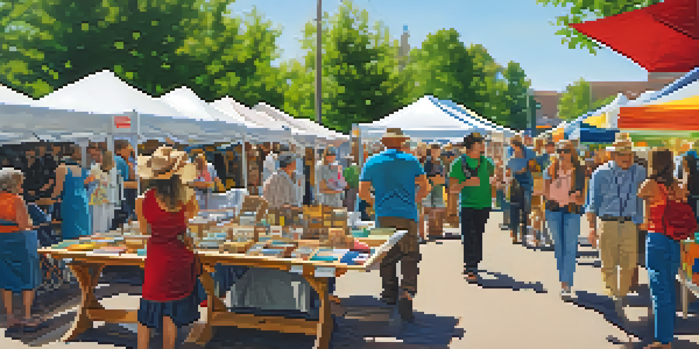 A bustling Denver Arts Festival scene with colorful booths displaying handcrafted artworks and artisans engaging with visitors.