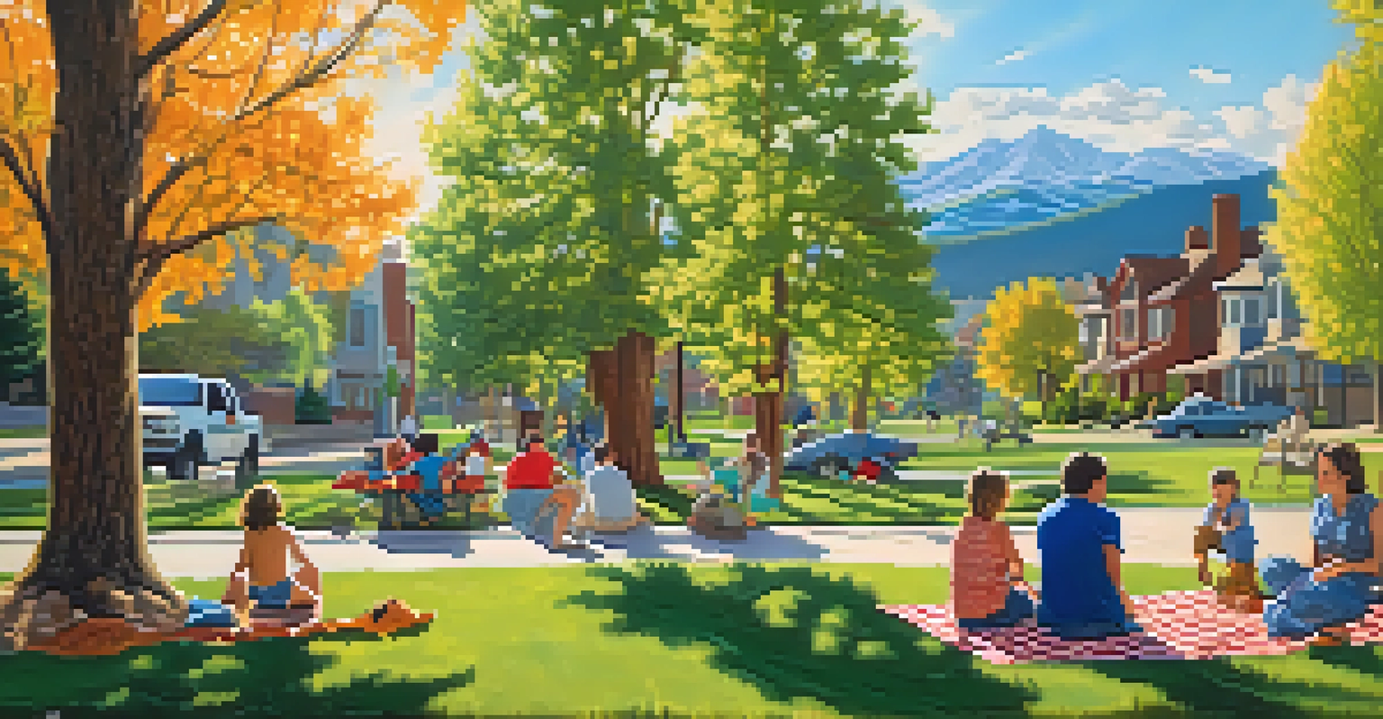 A family having a picnic in a park with children playing, surrounded by trees and mountains under a clear blue sky.