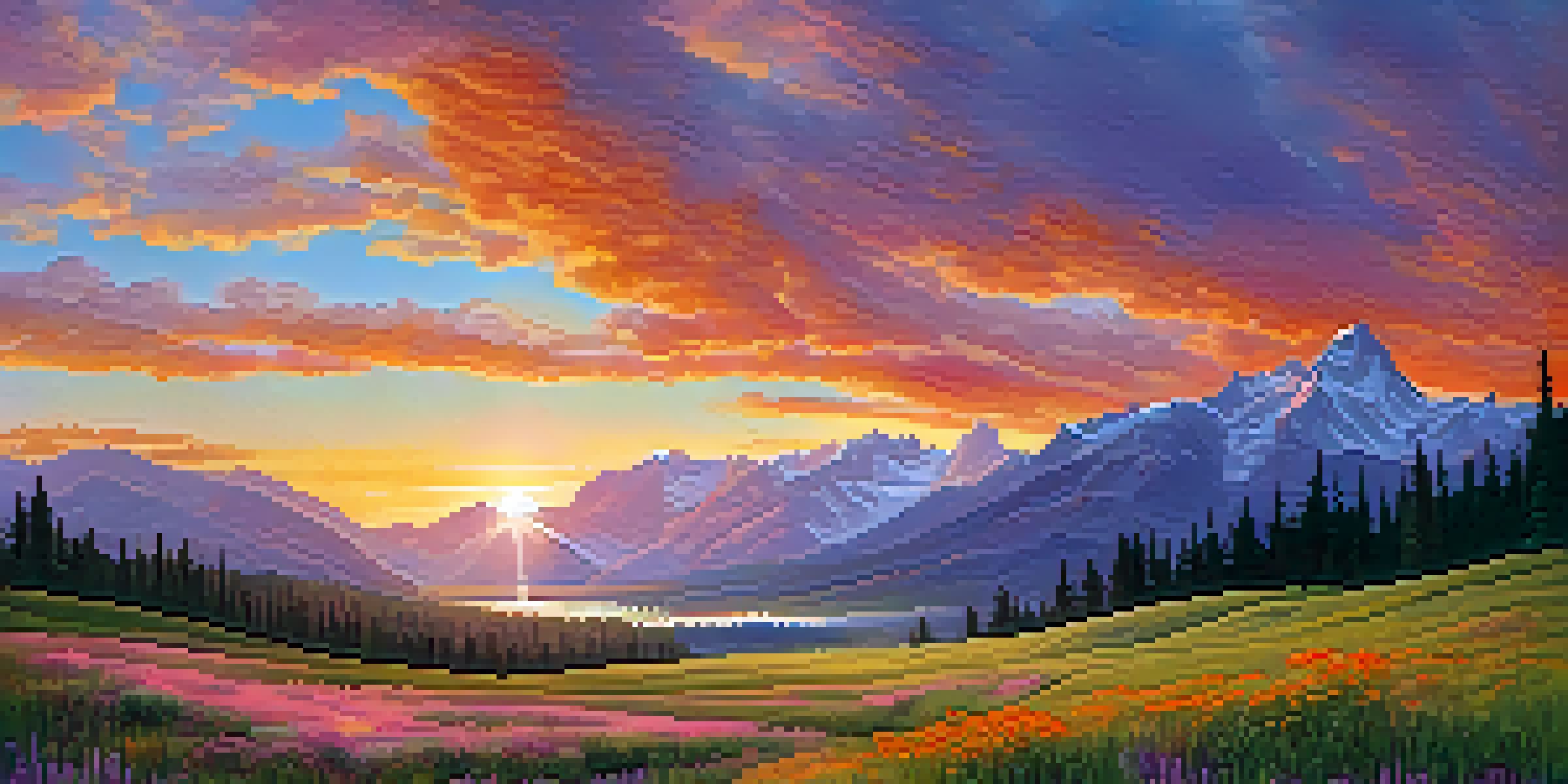 A scenic view of the Rocky Mountains during sunset with a meadow in the foreground.