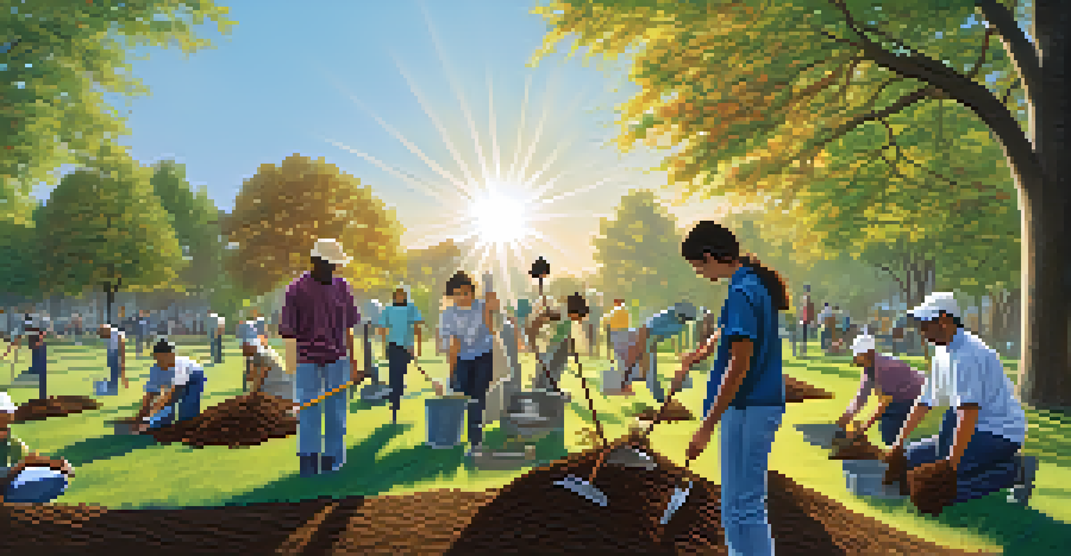 Volunteers from various faiths planting trees together in a sunny park, symbolizing teamwork and community service.