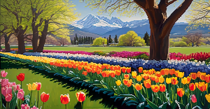 A vibrant park in Denver during spring with blooming flowers and the Rocky Mountains in the background.