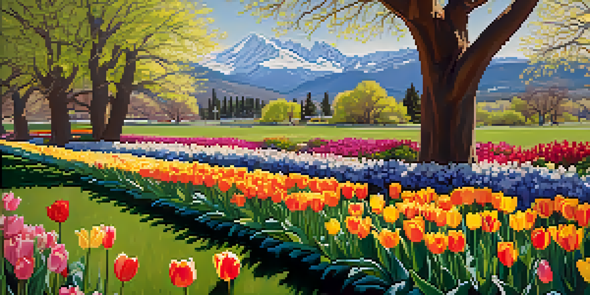 A vibrant park in Denver during spring with blooming flowers and the Rocky Mountains in the background.