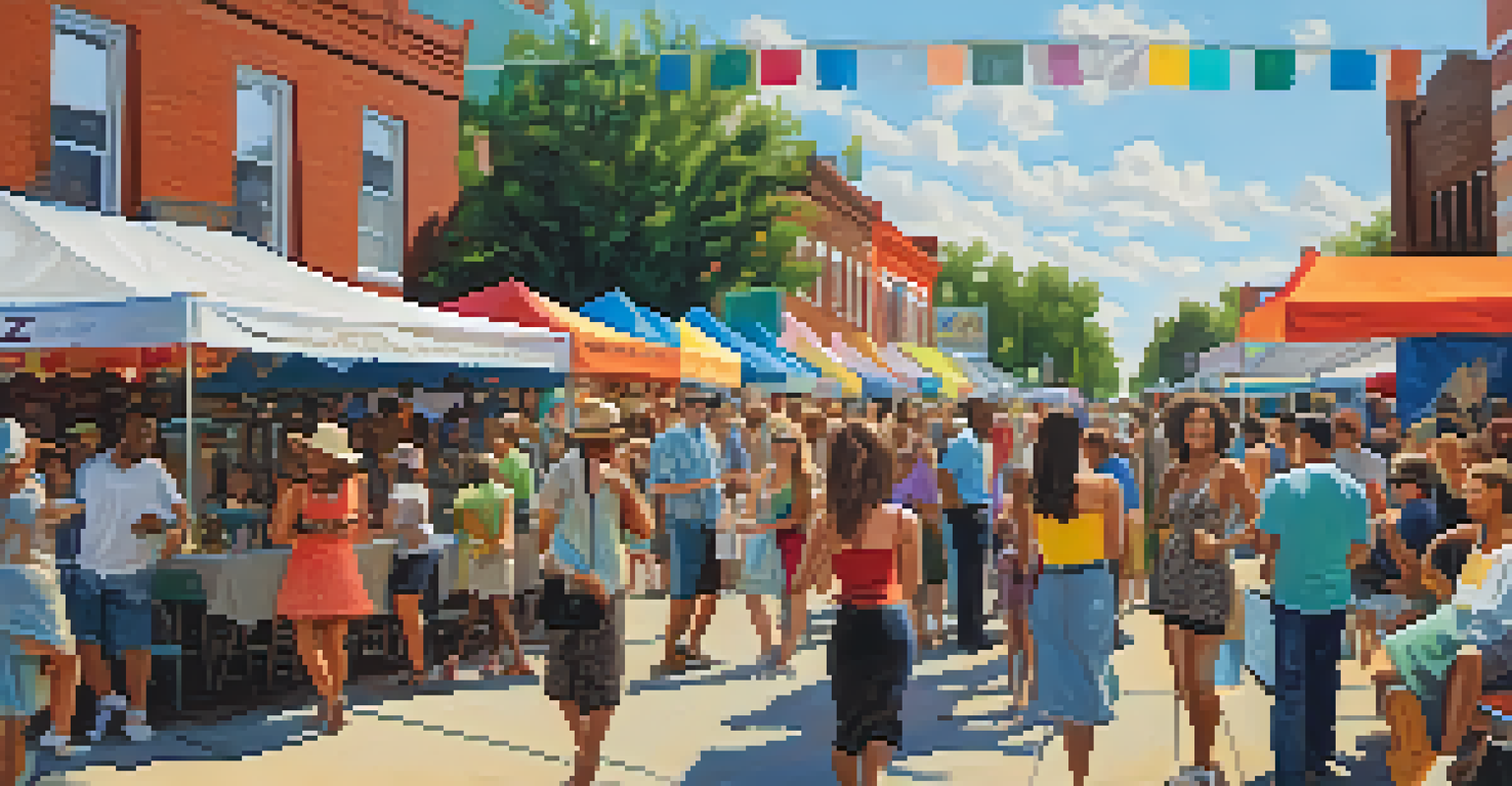 A vibrant scene from the Five Points Jazz Festival, featuring a diverse crowd enjoying art, music, and food in a lively street festival atmosphere.