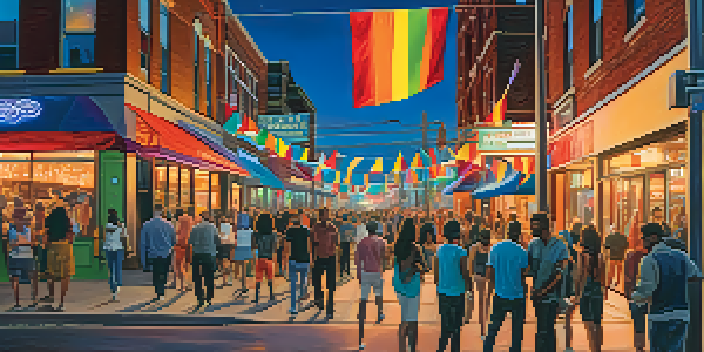 A colorful street scene on Colfax Avenue in Denver, featuring LGBTQ+ flags, lively bars, and people enjoying the vibrant nightlife during twilight.