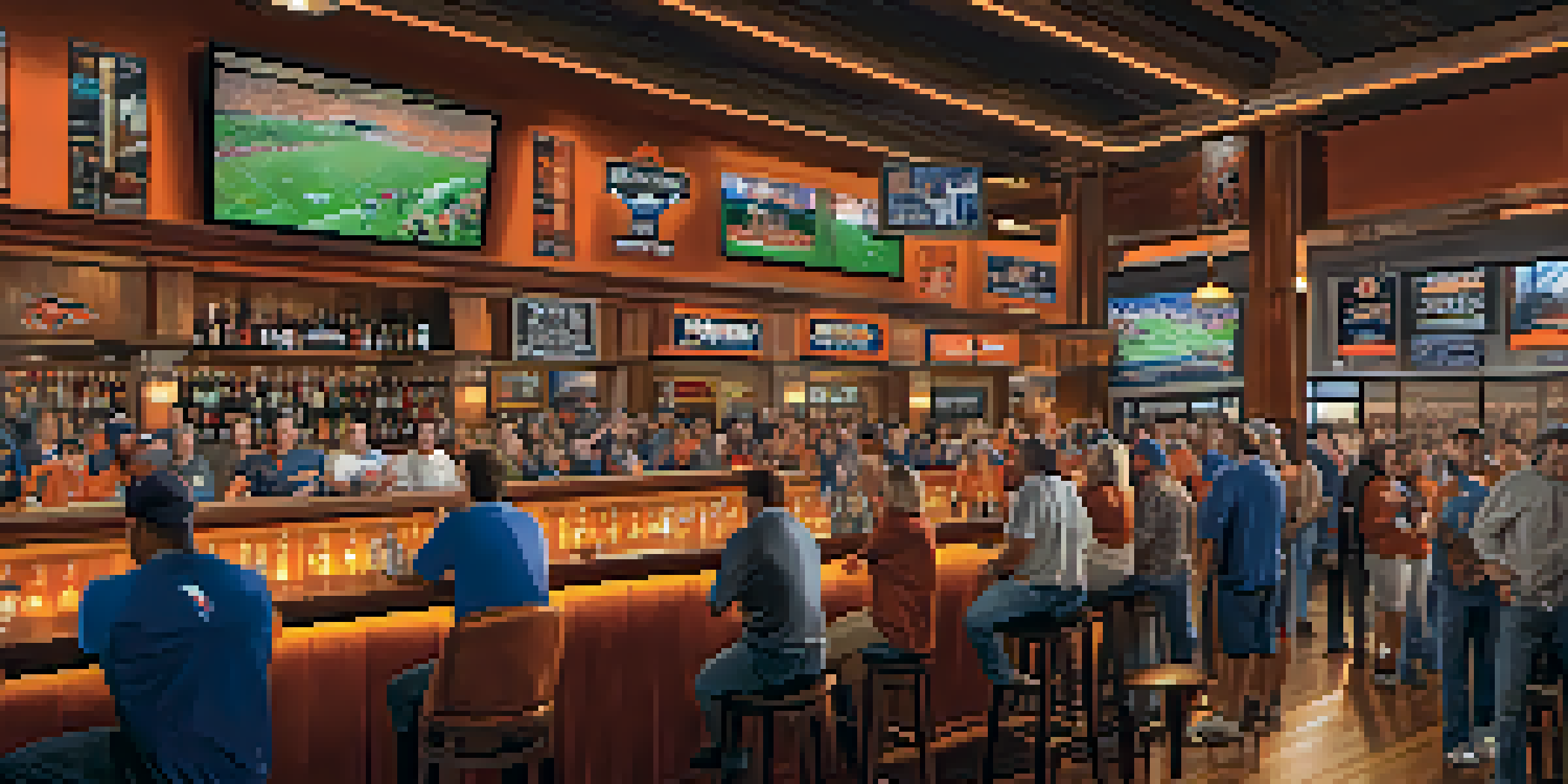 A lively sports bar in Denver filled with fans wearing Broncos jerseys, watching a game on large screens, with team memorabilia on the walls.