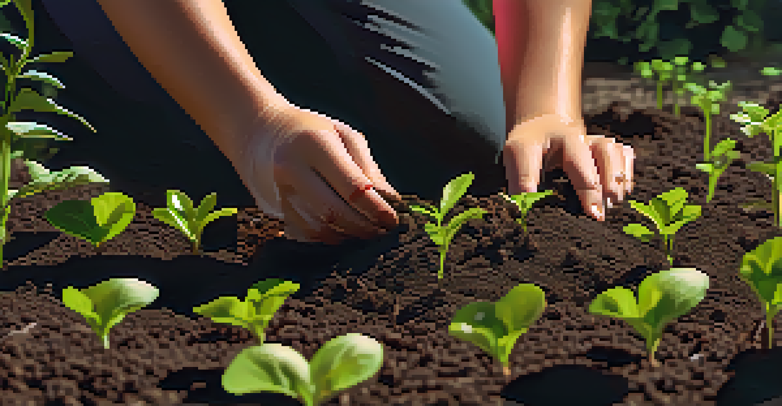 Close-up of hands planting seeds in soil, surrounded by emerging seedlings and illuminated by soft sunlight.