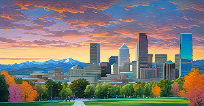 A panoramic view of downtown Denver with sunset colors and mountains in the background, featuring parks with people.