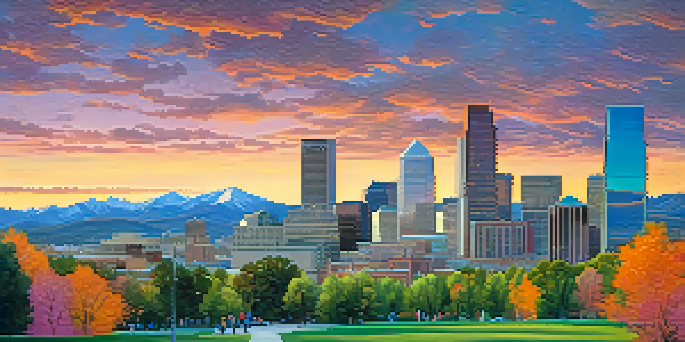 A panoramic view of downtown Denver with sunset colors and mountains in the background, featuring parks with people.