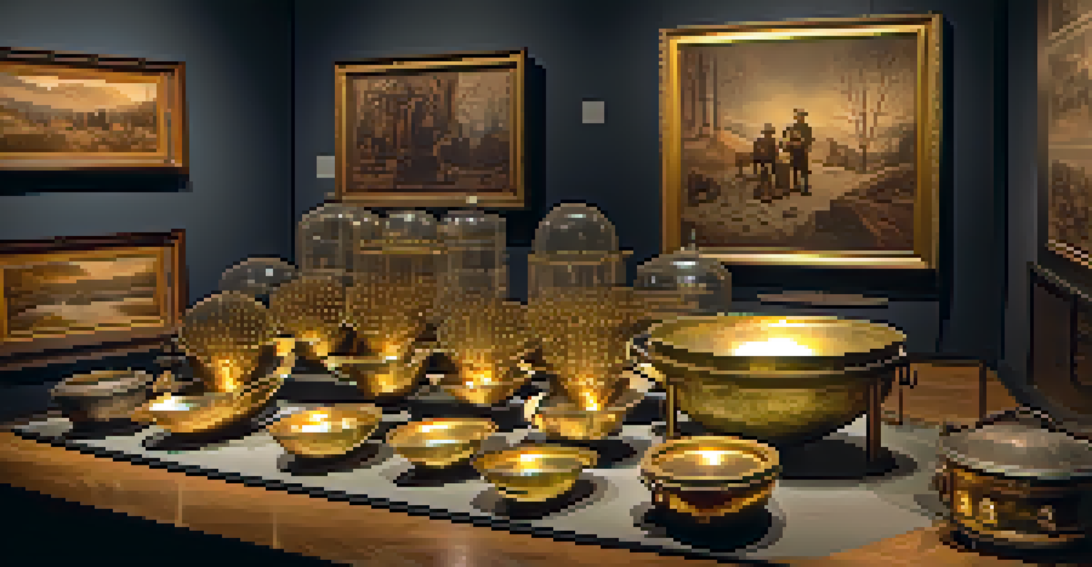 A dimly lit historical display featuring Gold Rush era artifacts at the Denver Museum of History, with highlighted items and informational panels.