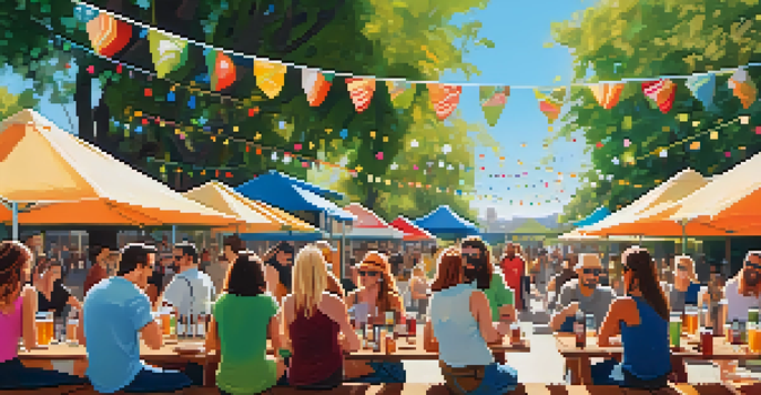 A sunny outdoor craft beer tasting event with a table full of colorful beer glasses and people enjoying the day.