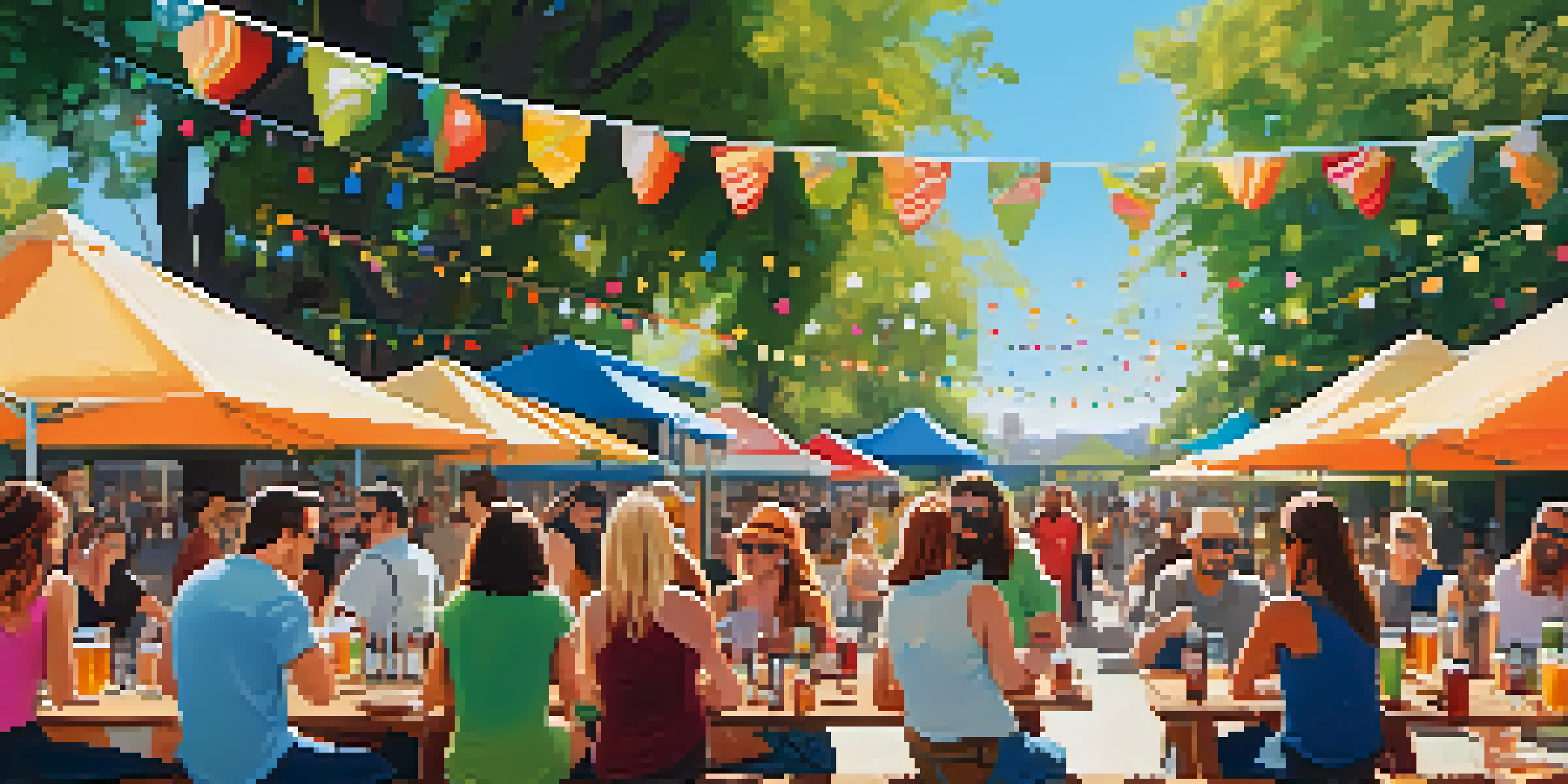 A sunny outdoor craft beer tasting event with a table full of colorful beer glasses and people enjoying the day.