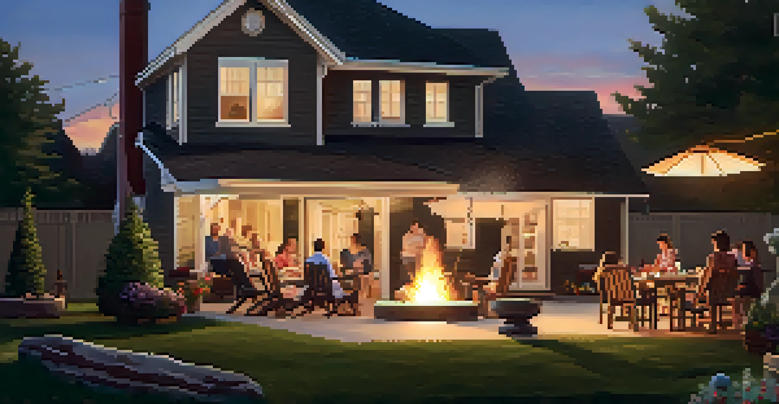A cozy suburban backyard at sunset with a family gathered around a fire pit.
