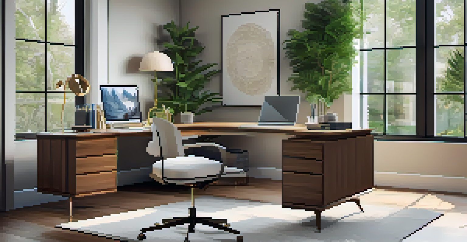 A modern luxury home office with a desk, computer, and large windows overlooking a garden.