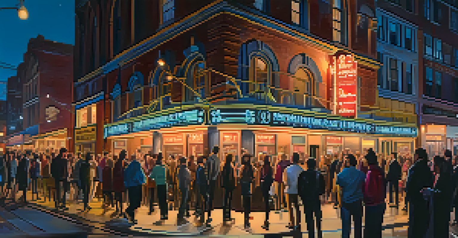 A historic music venue at night, glowing with neon lights and filled with a diverse crowd excited for a performance.