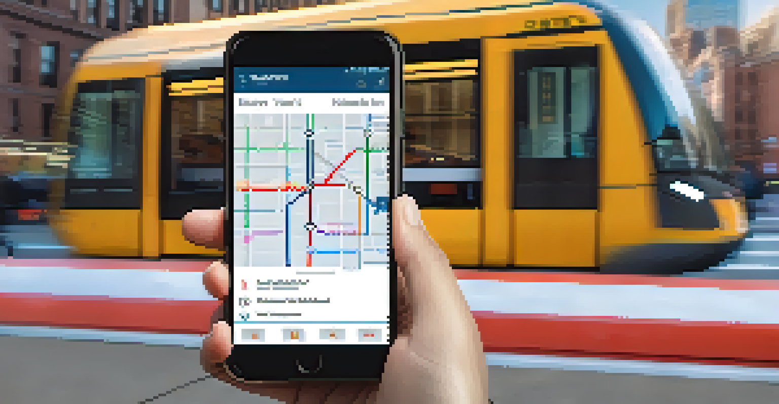 A smartphone showing a public transit app with real-time updates, with a blurred light rail train in the background.