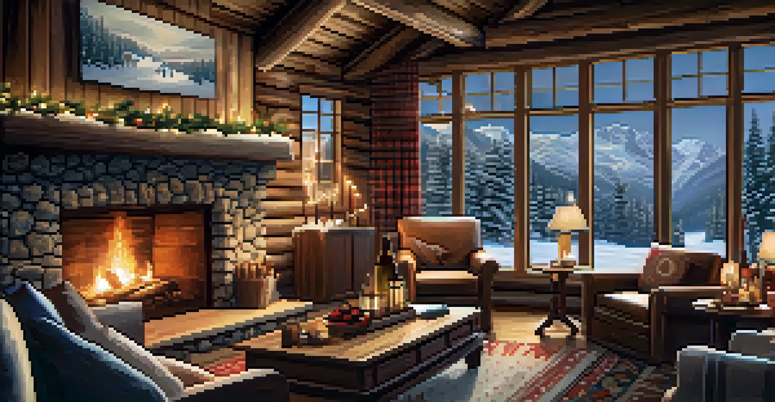 A warm lodge interior with guests enjoying drinks by a fireplace, surrounded by snow outside.