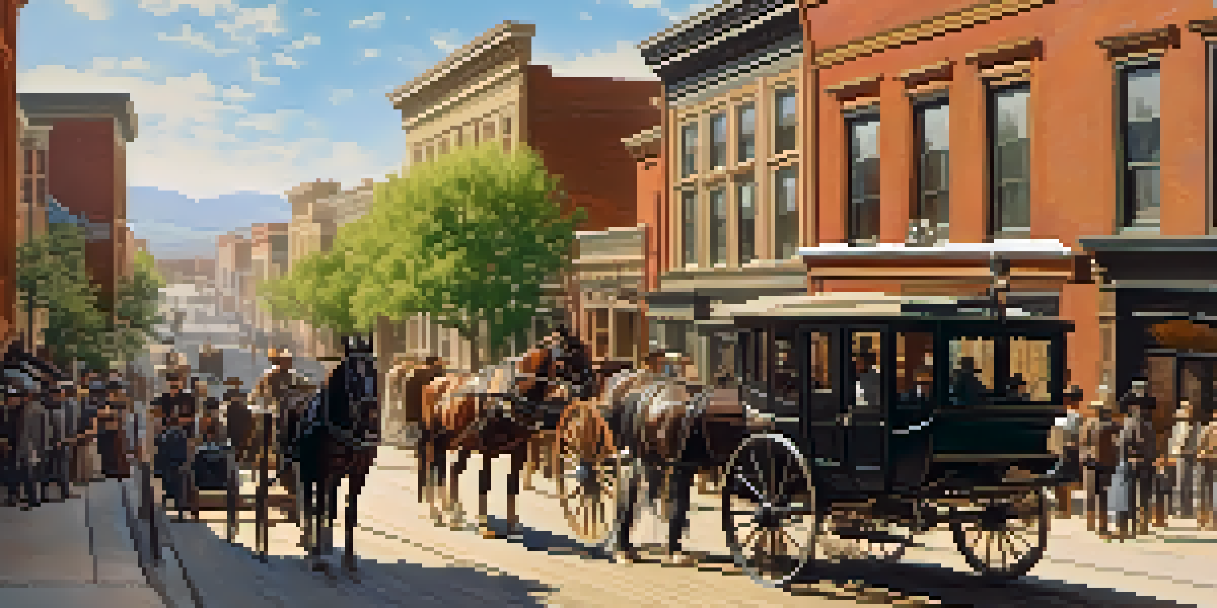A historic Denver street scene with prospectors in 19th-century clothing, horse-drawn carriages, and vintage buildings.