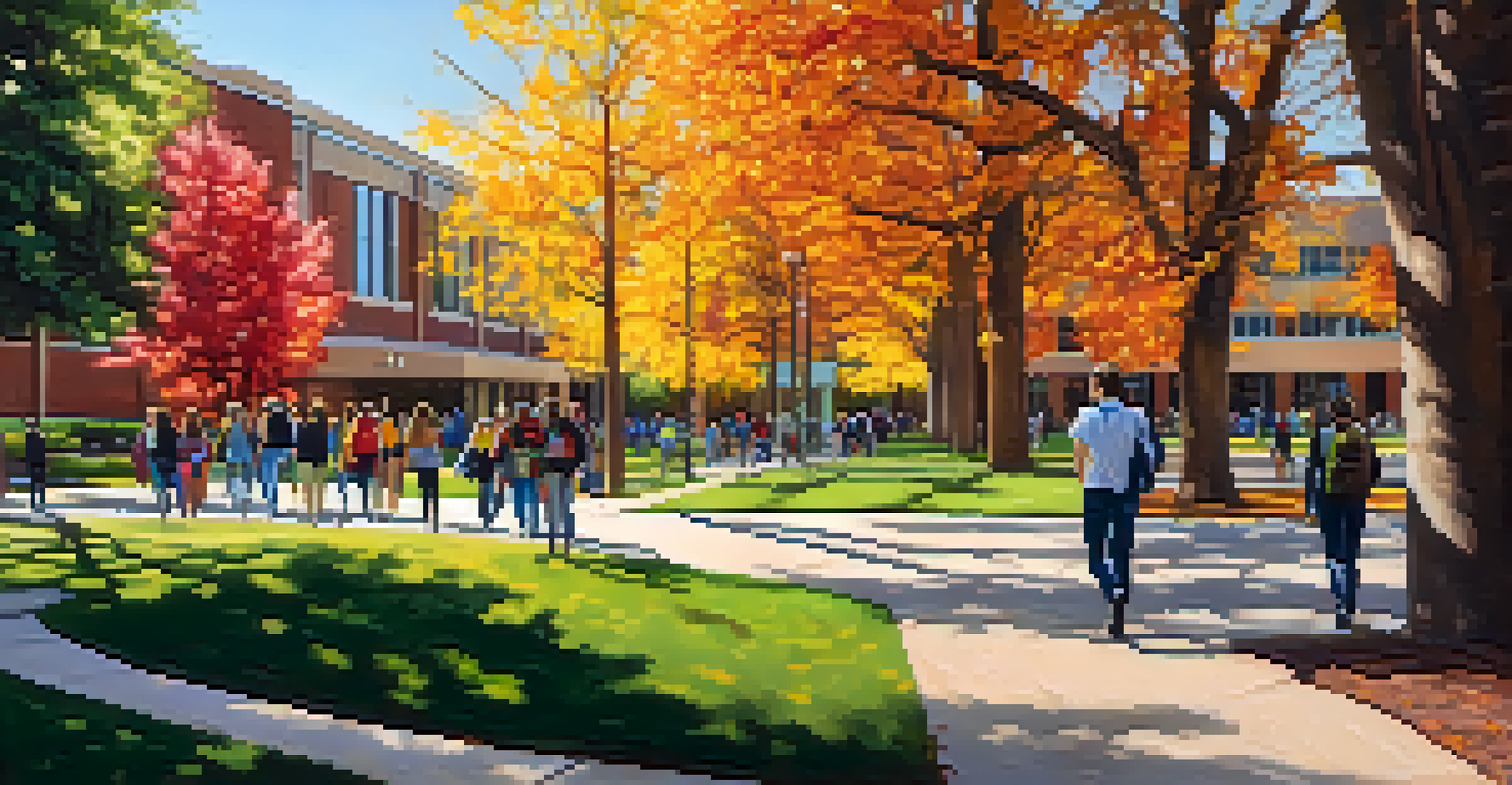 Students walking on a vibrant university campus in Denver, with colorful trees and a scholarship banner in the background.