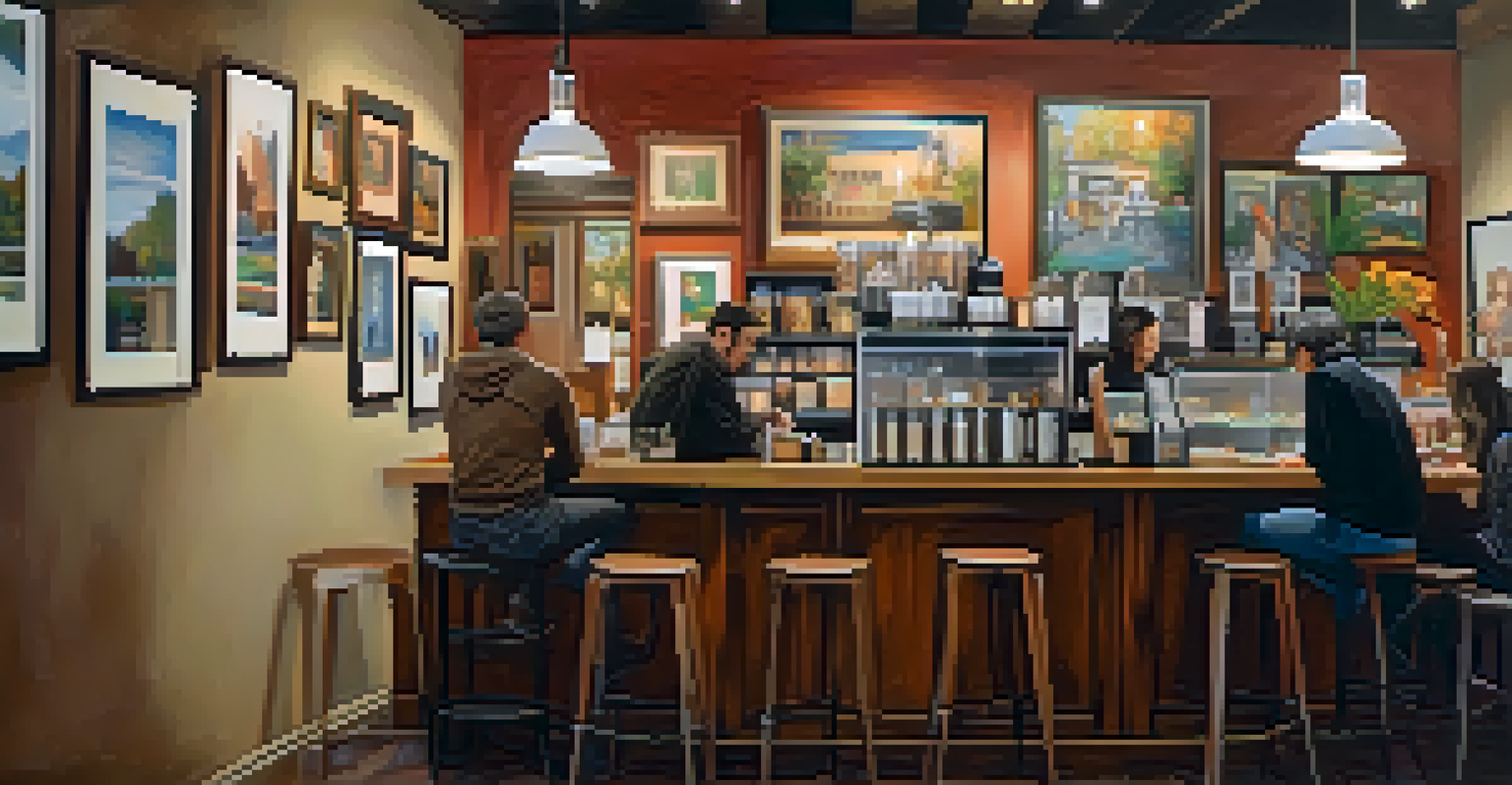 A cozy café in Denver showcasing local artwork on the walls, with people enjoying coffee and engaging in conversation.
