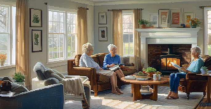 A multi-generational family gathered in a cozy living room, with a grandmother reading to her grandchildren in warm, natural light.
