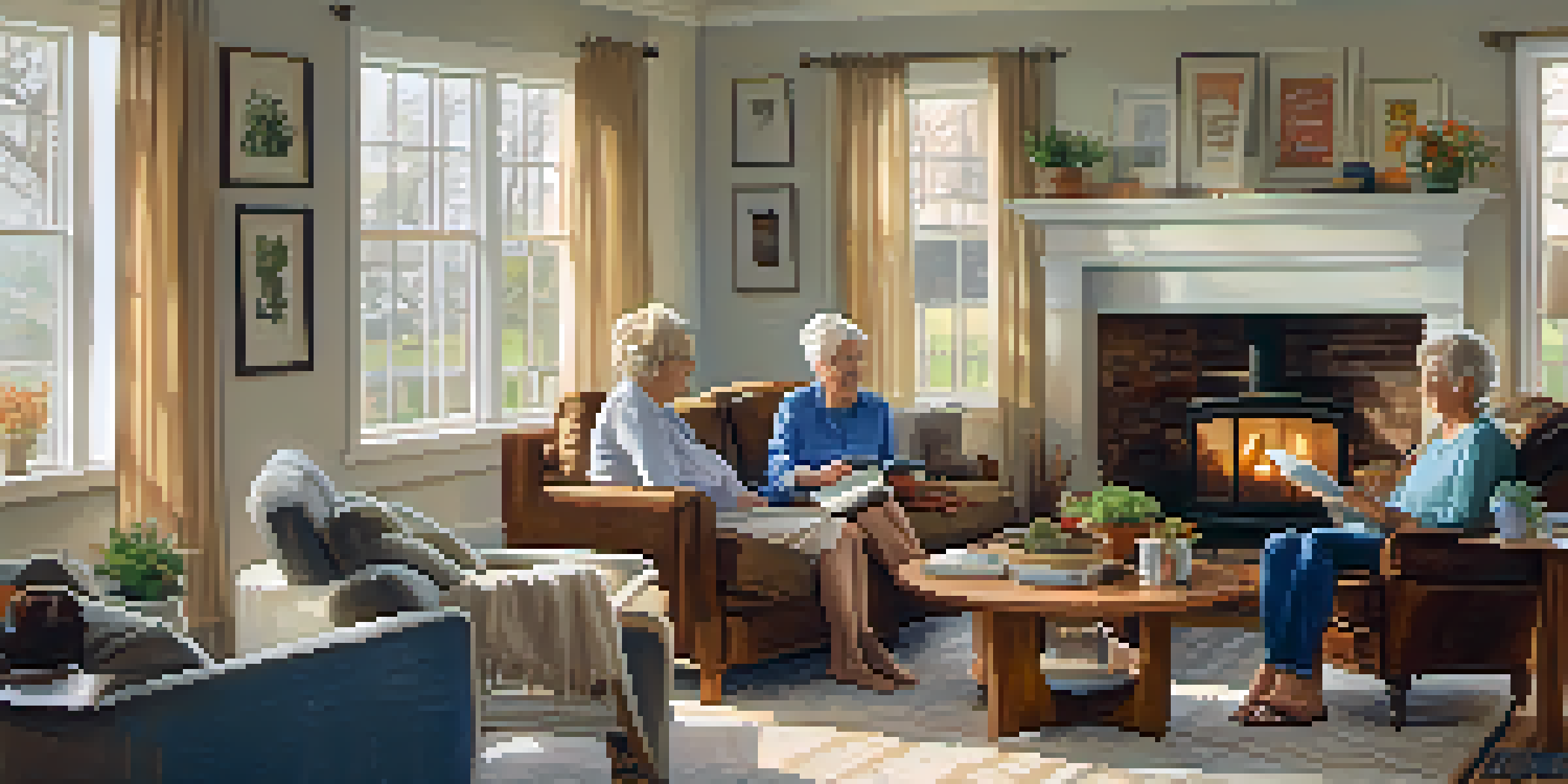 A multi-generational family gathered in a cozy living room, with a grandmother reading to her grandchildren in warm, natural light.