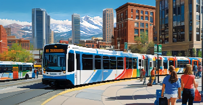 A busy public transit station in Denver with light rail trains and buses, passengers boarding, and the Rocky Mountains in the background.