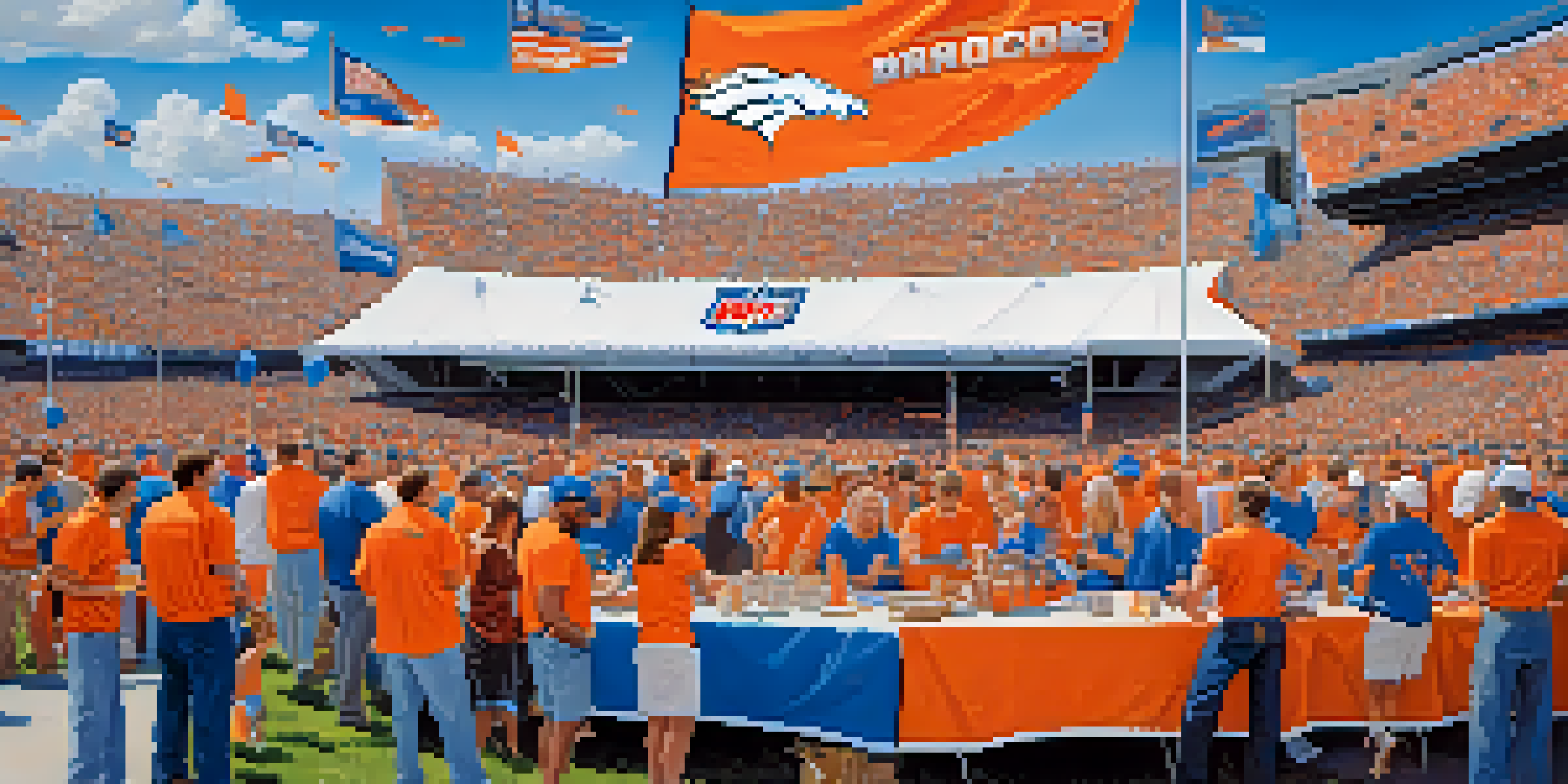 A lively tailgate party with fans wearing Denver Broncos jerseys, grilling food and playing games in front of Mile High Stadium.