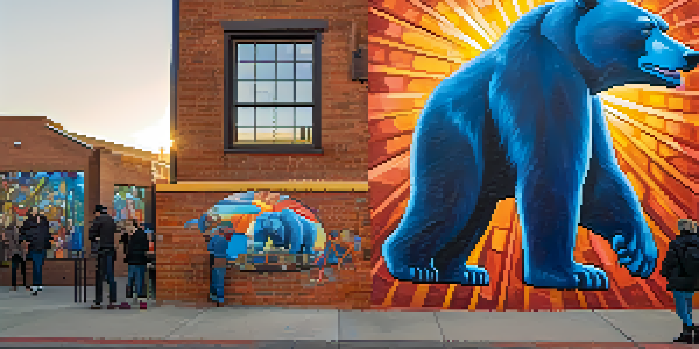 A large blue bear mural on a brick wall in Denver, with people admiring it as the sun sets in the background.