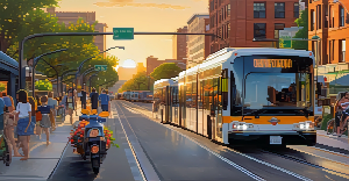 A busy Denver street showcasing an electric bus, light rail train, cyclists, and greenery with a sunset in the background.