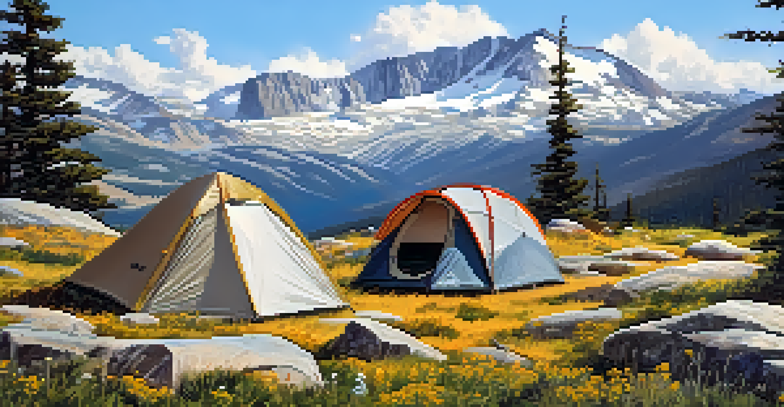 A remote campsite with a tent surrounded by mountains and wildflowers.
