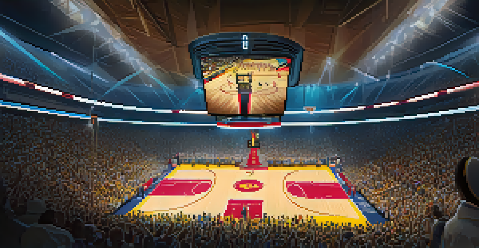 An interior view of a basketball arena filled with cheering fans, showcasing players in action on the court.