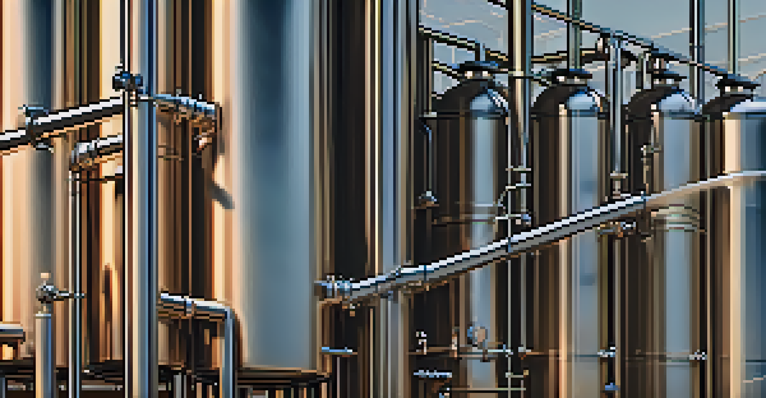 A close-up view of a modern brewing system with stainless steel tanks and a solar panel in the corner, highlighting energy efficiency.