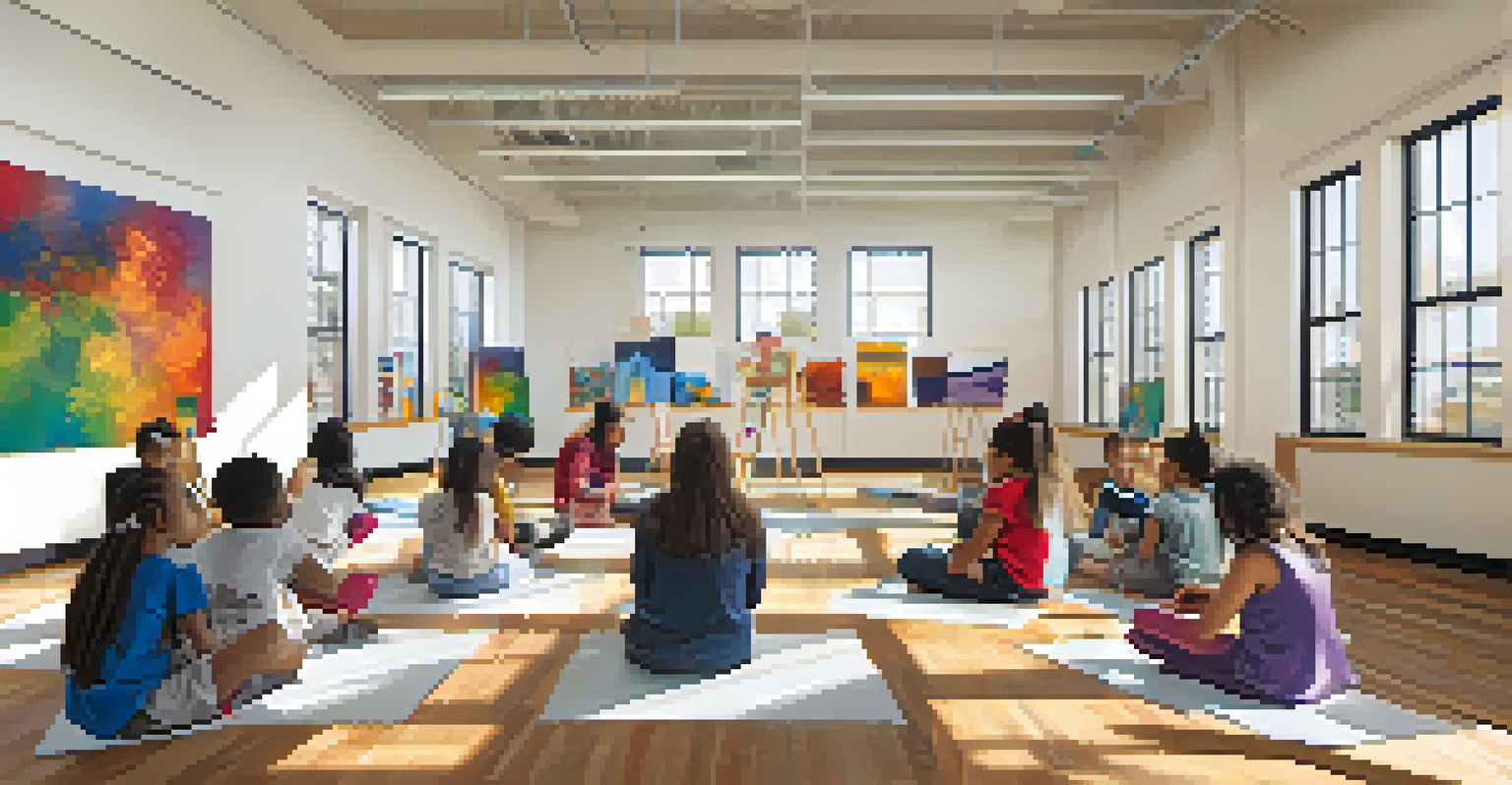 A group of young students painting on canvases in a community center, surrounded by colorful student artwork and natural light.